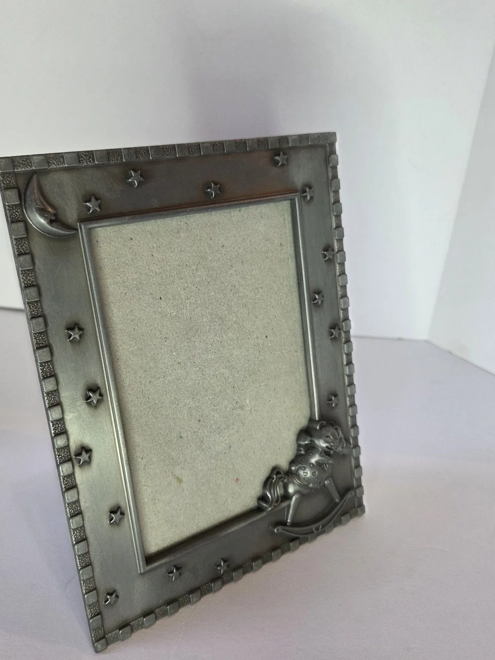 Vintage Pewter Celestial Teddy Bear Rocking Horse Picture Frame